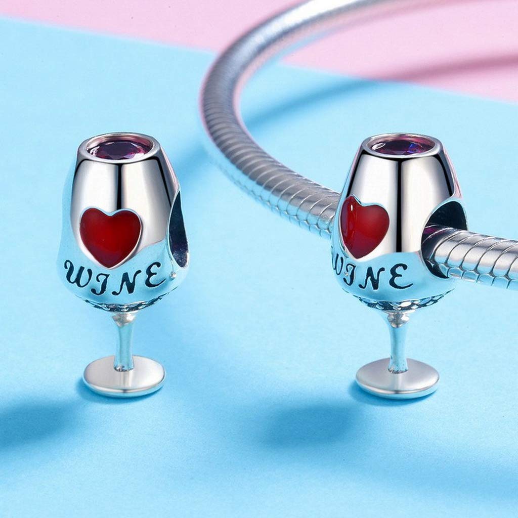 PAHALA 925 Strling Silver Red Wine Cup Heart Enamel Charms Charm