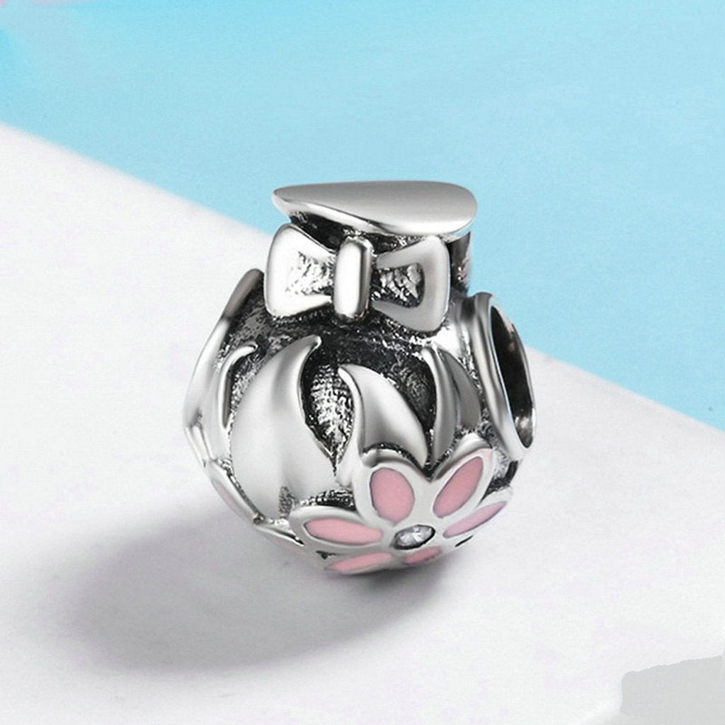 PAHALA 925 Sterling Silver Bowknot Flower with Pink Enamel Crystals Pendant Charm Bead