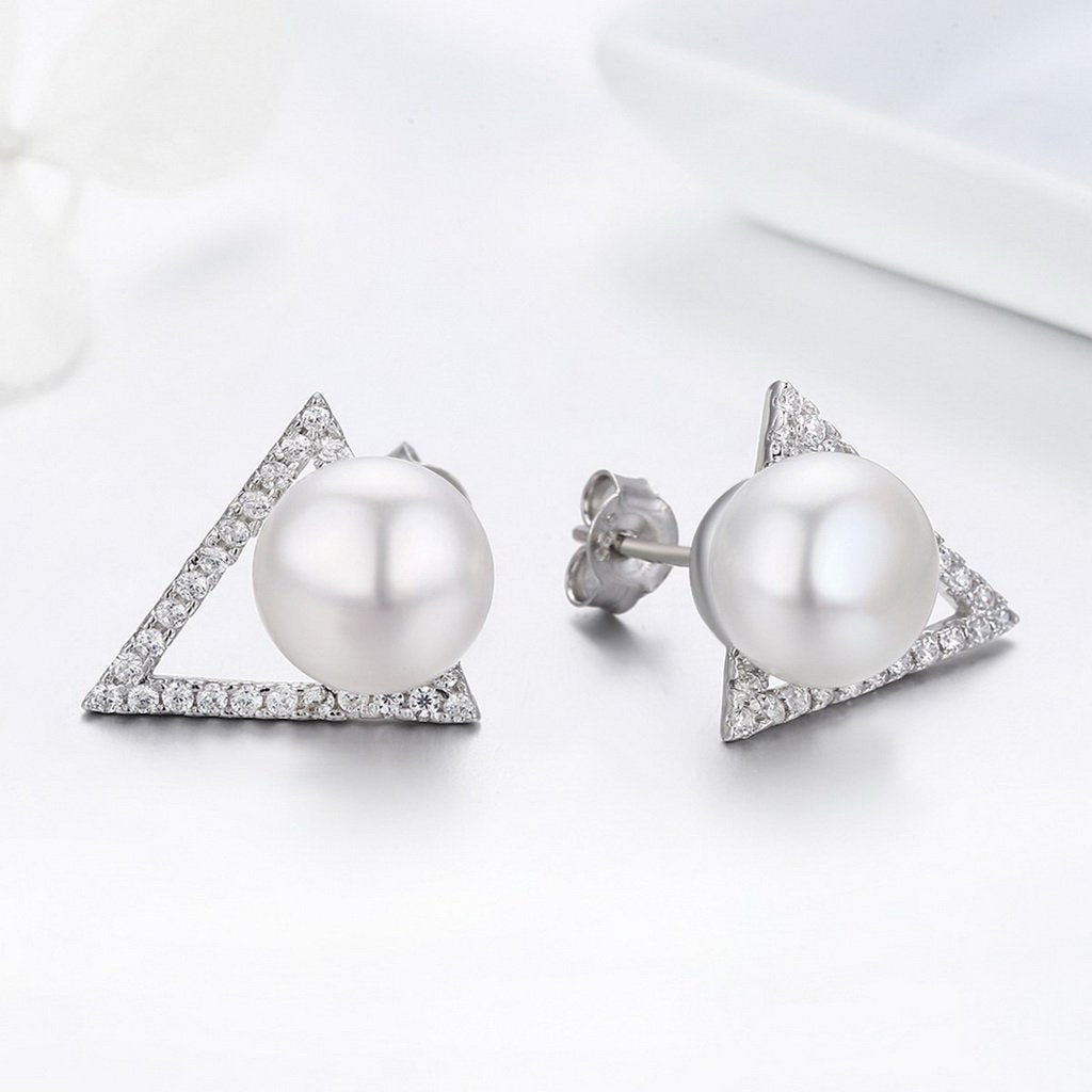 PAHALA 925 Sterling Silver Triangle Freshwater Pearl With Crystals Stud Earrings
