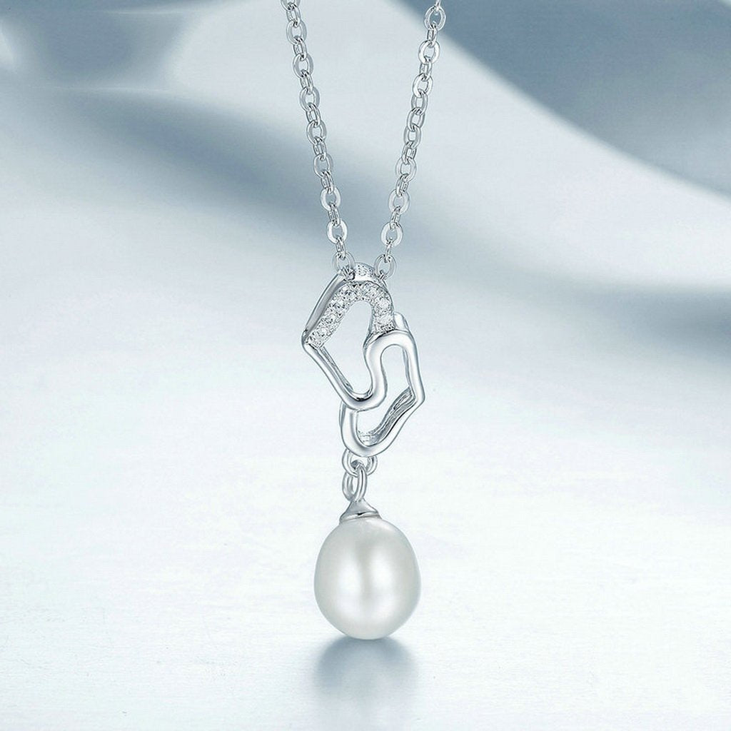 PAHALA 925 Sterling Silver Double Hearts with Crystals Pearl Pendant Necklace