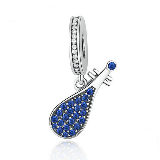 PAHALA 925 Strling Silver Blue Lute Musical Crystals Charms Pendant Fit Bracelets Necklace