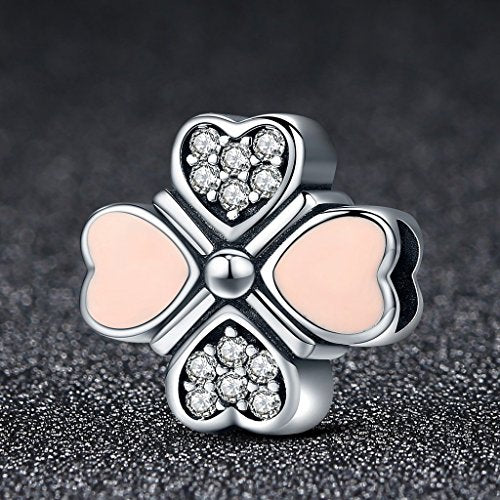 PAHALA 925 Strling Silver Love Pink Heart Clover with Crystals Charms Fit Bracelets Necklace