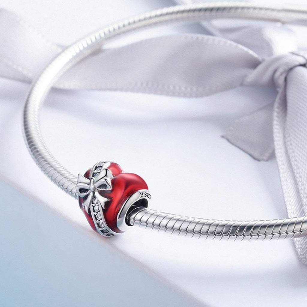 PAHALA 925 Strling Silver Bowknot Red Enamel Romantic Heart with Crystals Charms Beads
