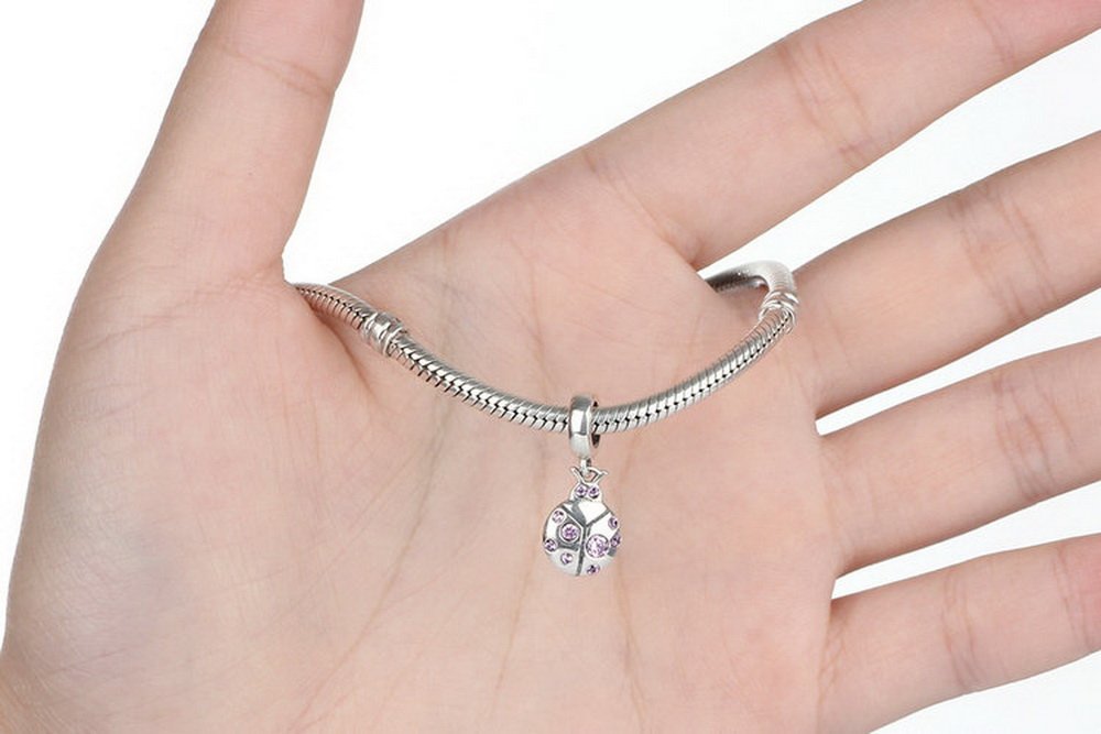 PAHALA 925 Strling Silver Beetle with Pink Crystal Charms Pendant Fit Bracelets Bangles Necklace