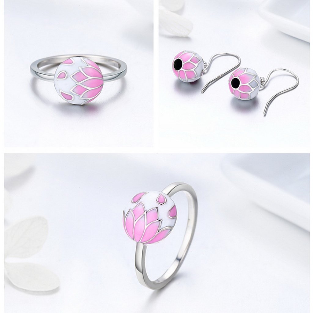 PAHALA 925 Sterling Silver Pink Enamel Flower Cherry Ring Earrings Jewelry Set