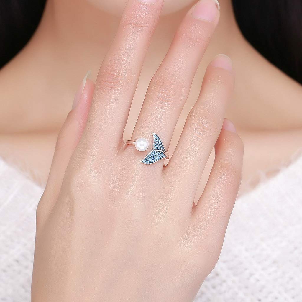 PAHALA 925 Strling Silver Adjustable Dolphin Tail Blue Finger Weeding Party Ring