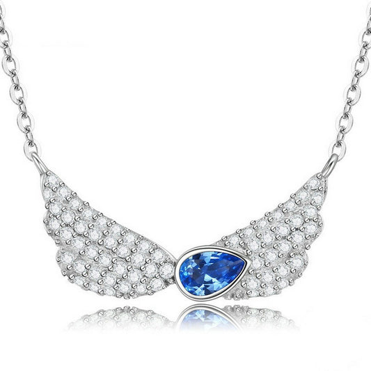 PAHALA 925 Sterling Silver Blue Crystals Wings Clear CZ Pendant Necklace