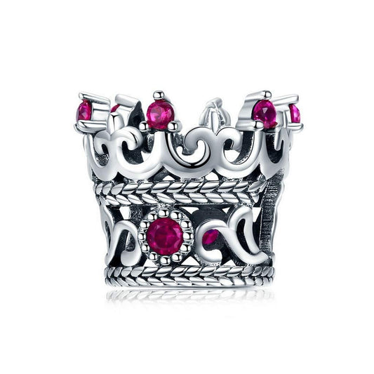 PAHALA 925 Strling Silver Pink Crystals Queen Crown Charm Bead