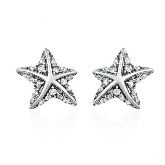 PAHALA 925 Sterling StarFish With Crystals Party Wedding Stud Earrings