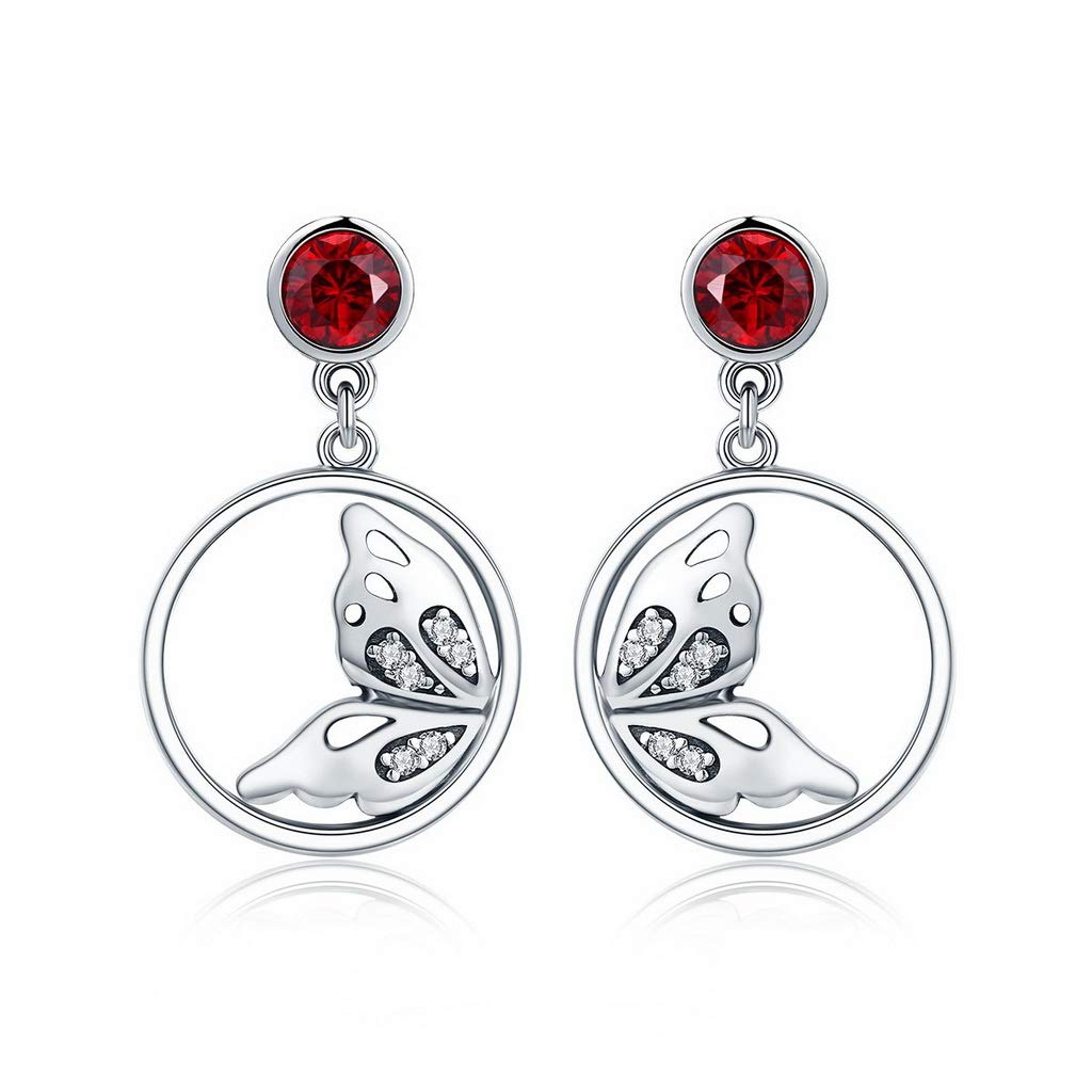 PAHALA 925 Sterling Silver Butterfly Feather Drop Red Crystal Earrings