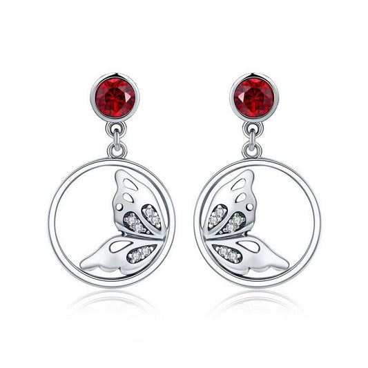 PAHALA 925 Sterling Silver Butterfly Feather Drop Red Crystal Earrings