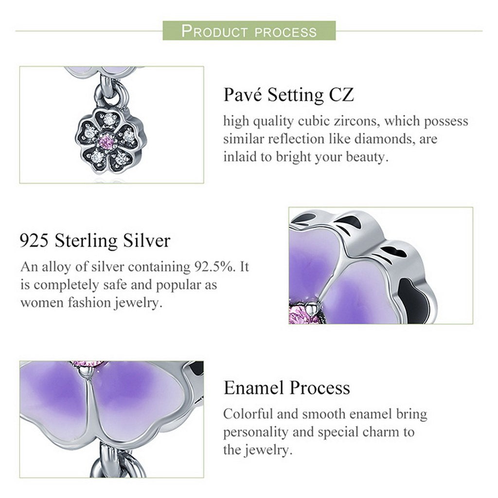 PAHALA 925 Sterling Silver Light Pruple Enamel Blooming Crystals Pendant Charm Bead