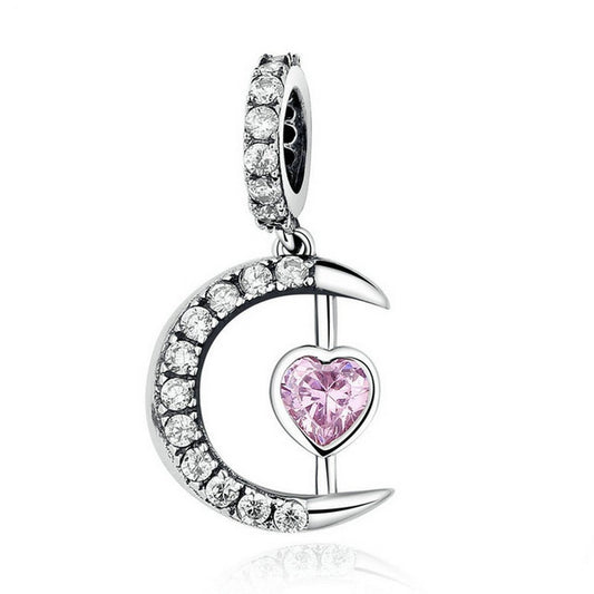 PAHALA 925 Strling Silver Moon with Pink Heart Crystal Charms Pendant Fit Bracelets Bangles Necklace