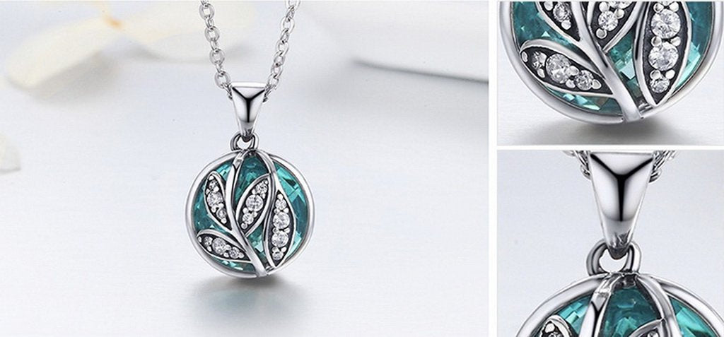 PAHALA 925 Sterling Silver Tree with Green Crystal Clear CZ Pendant Necklace