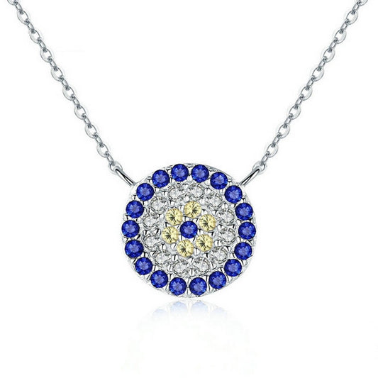 PAHALA 925 Sterling Silver Round Blue Crystals Clear CZ Pendant Necklace