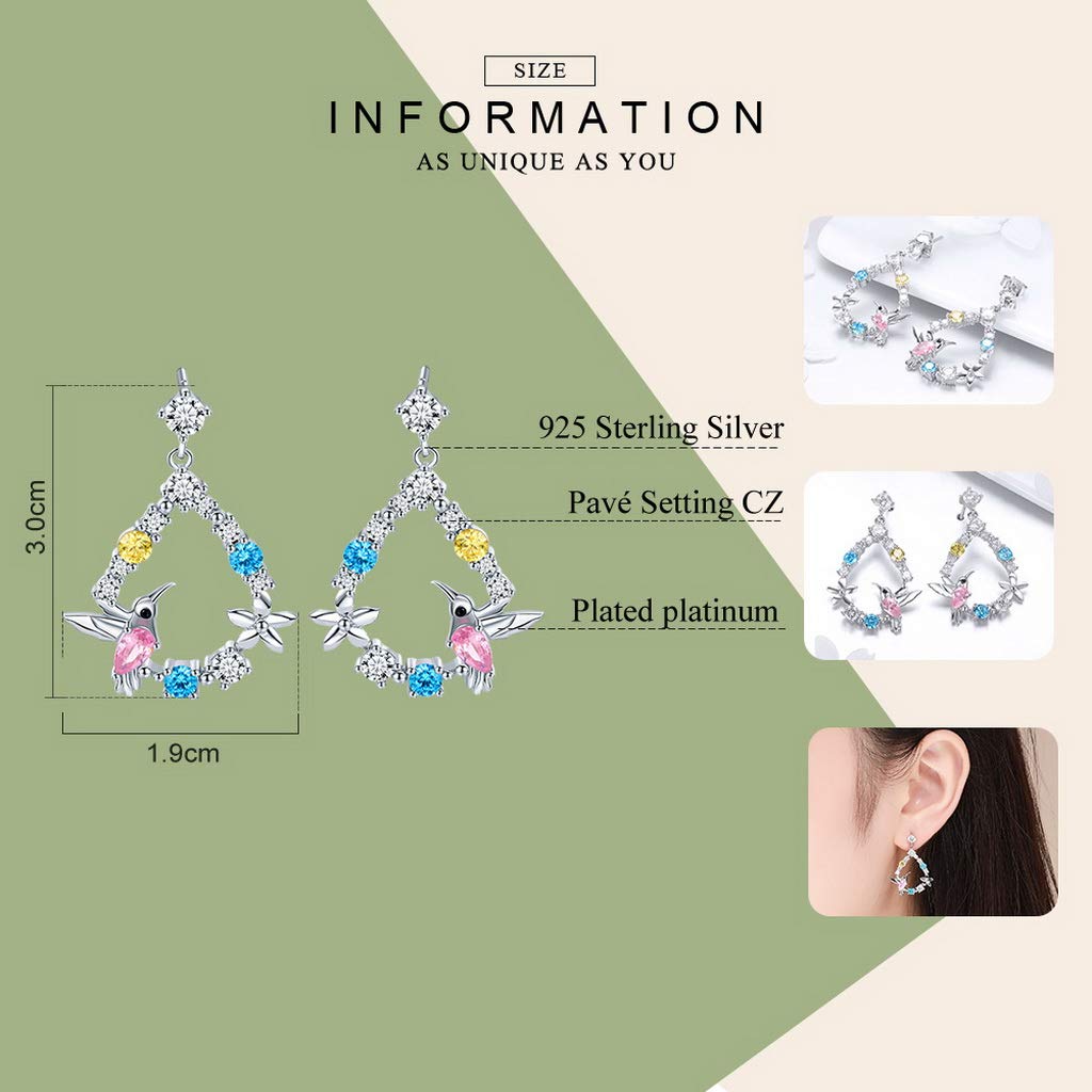 PAHALA 925 Sterling Silver Hummingbird Colorful CrystalS Stud Earrings