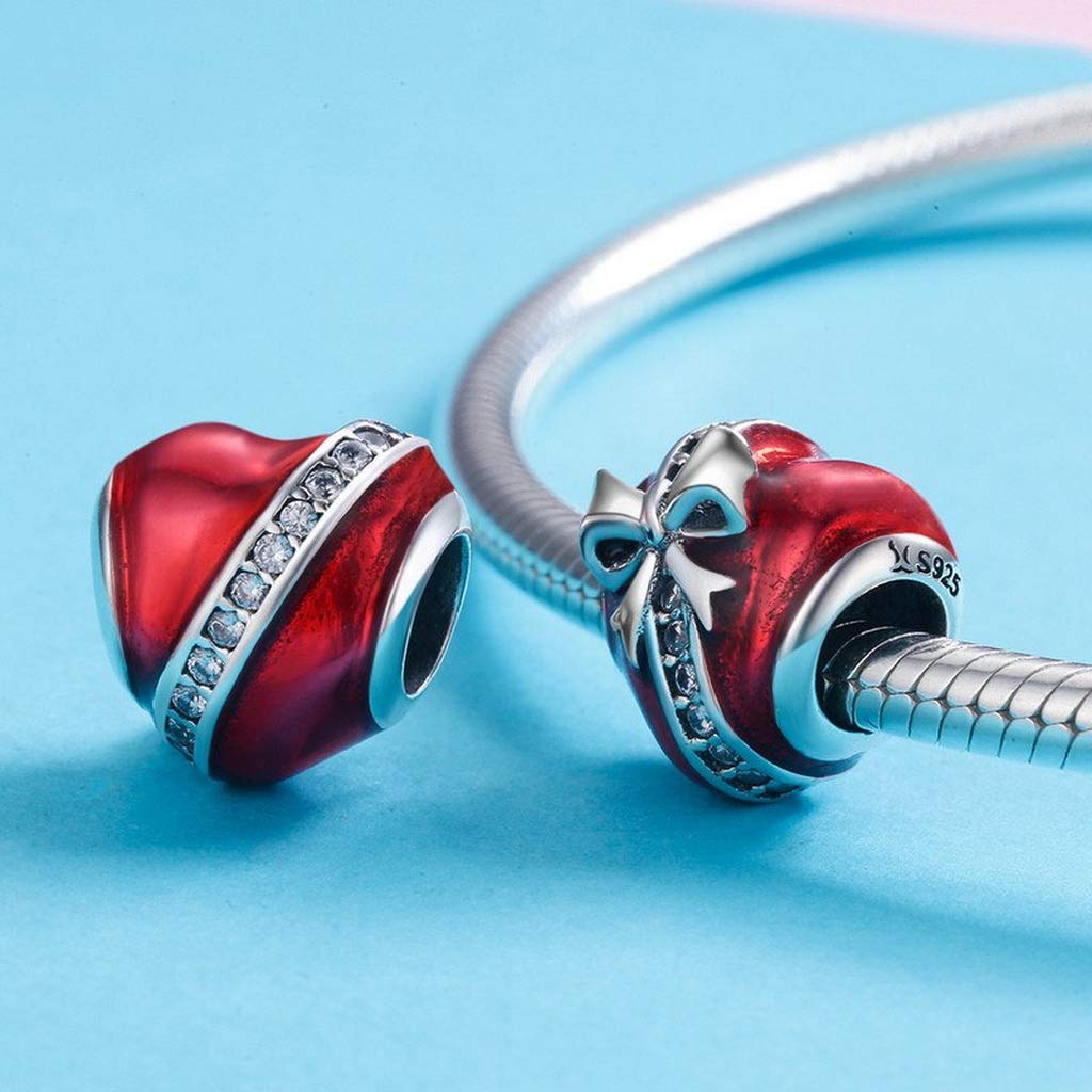 PAHALA 925 Strling Silver Bowknot Red Enamel Romantic Heart with Crystals Charms Beads