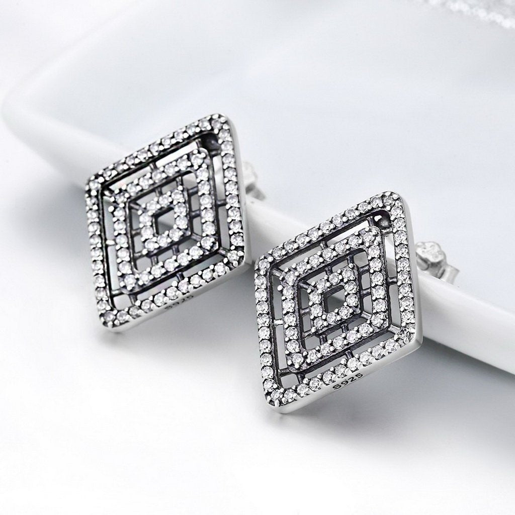 PAHALA 925 Sterling Silver Geometric Lines With Crystals Stud Earrings