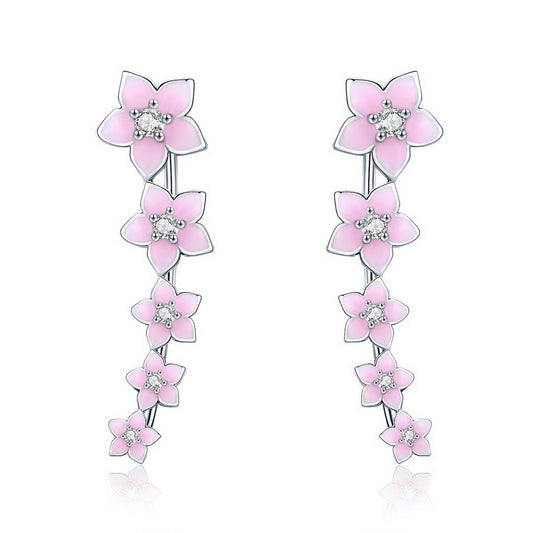 PAHALA 925 Sterling Silver Cherry Flower Pink Enamel Crystal Long Tassel Earrings