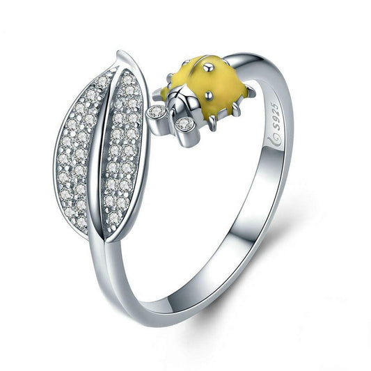 PAHALA 925 Strling Silver Yellow Ladybug Crystals Finger Weeding Party Ring