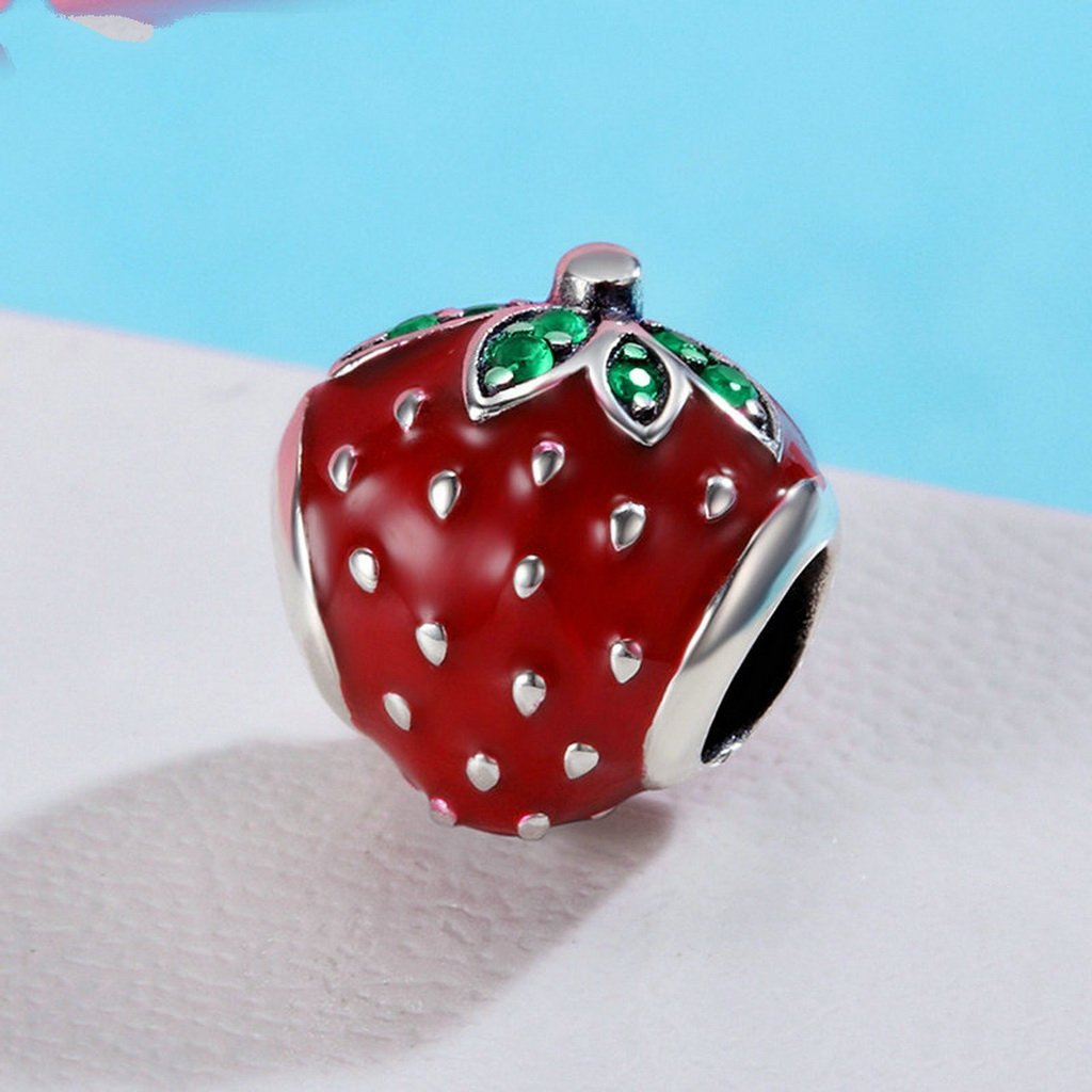 PAHALA 925 Sterling Silver Strawberry Red Enamel with Crystal Charm Bead