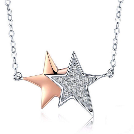 PAHALA 925 Sterling Silver Luminous CZ Double Star with Crystals Pendant Necklace