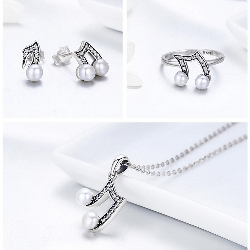 PAHALA 925 Sterling Silver Music Melody Pendant Necklace Earrings Ring Jewelry Set
