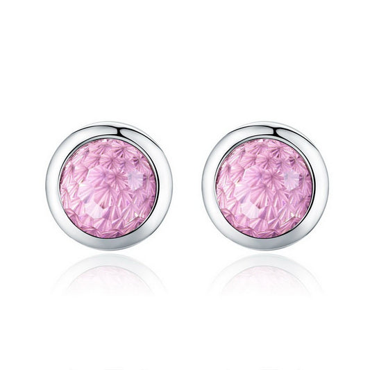 PAHALA 925 Sterling Silver Round Pink Sparkling With Pink Crystal Stud Earrings