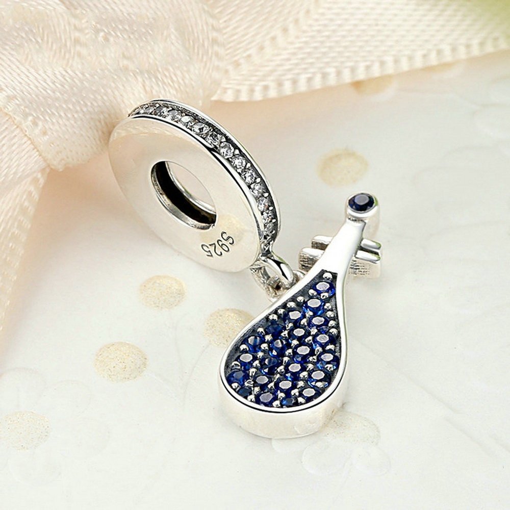 PAHALA 925 Strling Silver Blue Lute Musical Crystals Charms Pendant Fit Bracelets Necklace
