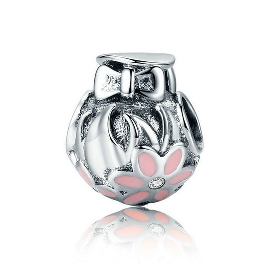PAHALA 925 Sterling Silver Bowknot Flower with Pink Enamel Crystals Pendant Charm Bead