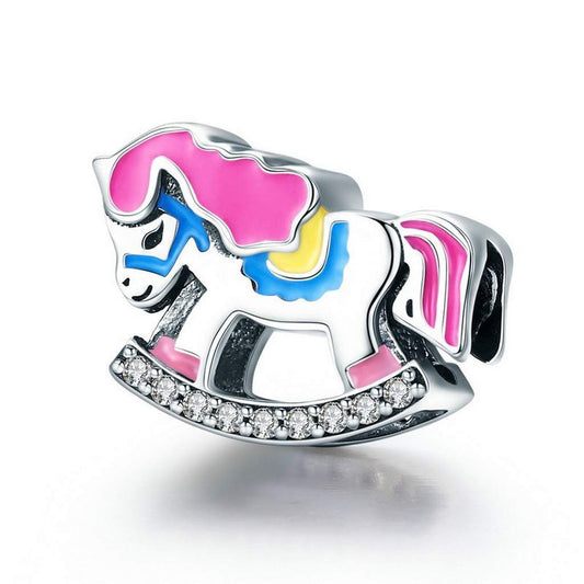 PAHALA 925 Strling Silver Vintage Rocking Horse with Color Enamel Crystals Charm