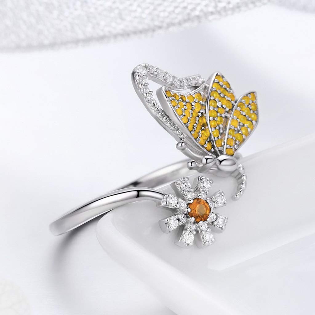 PAHALA 925 Strling Silver Butterfly Daisy Flower Crystals Finger Weeding Party Ring