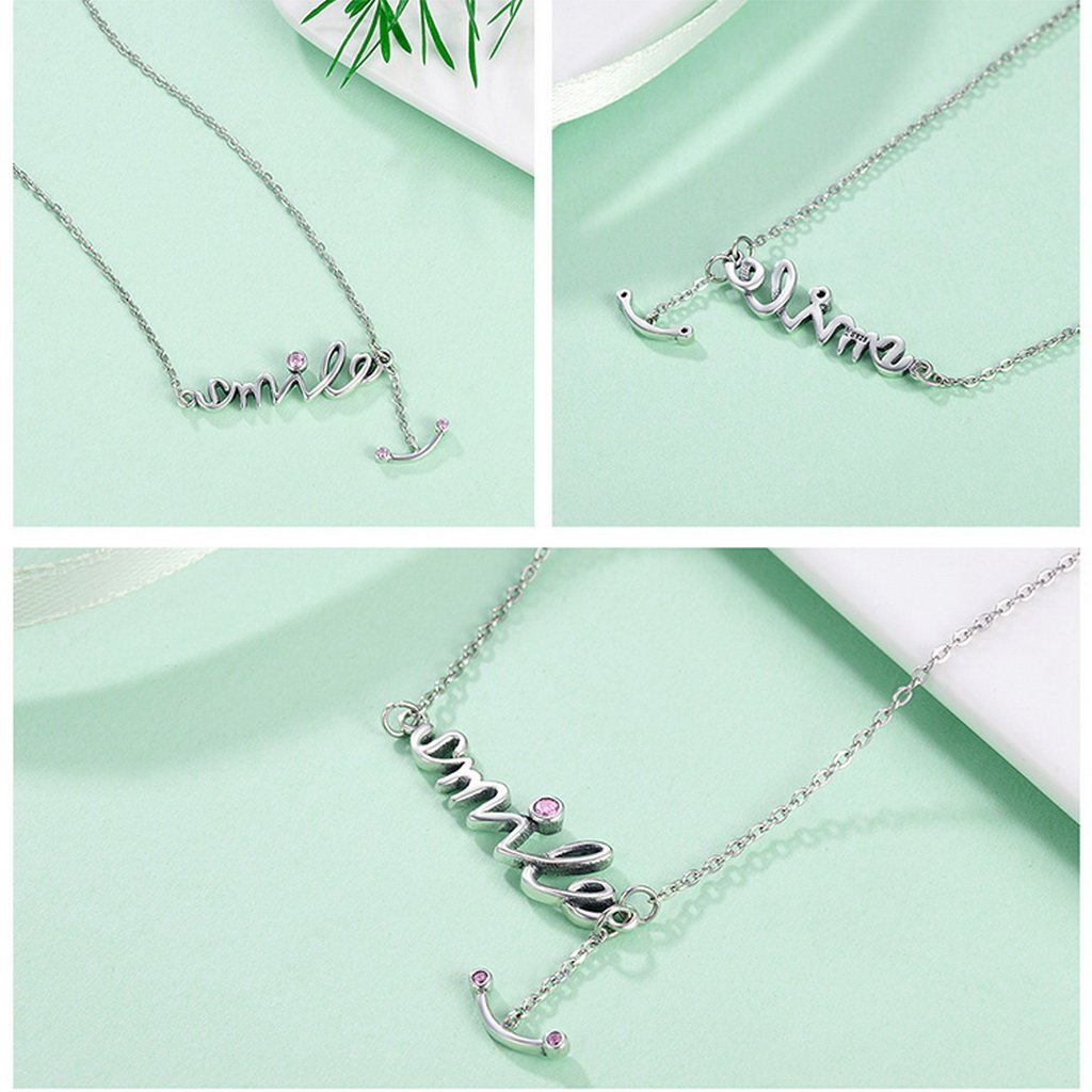 PAHALA 925 Sterling Silver Smile with Pink Crystals Pendant Necklace