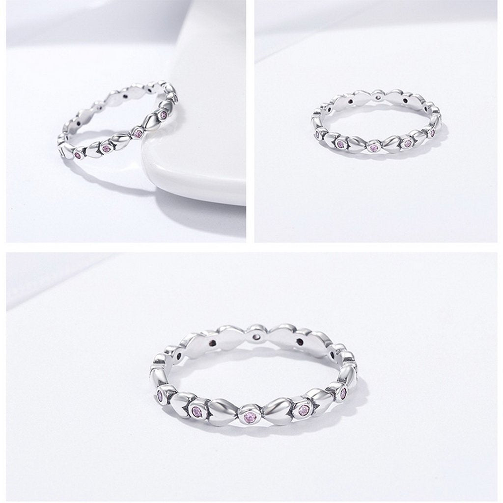 PAHALA 925 Sterling Silver Pink Heart with Crystals CZ Vintage Wedding Engagement Band Ring