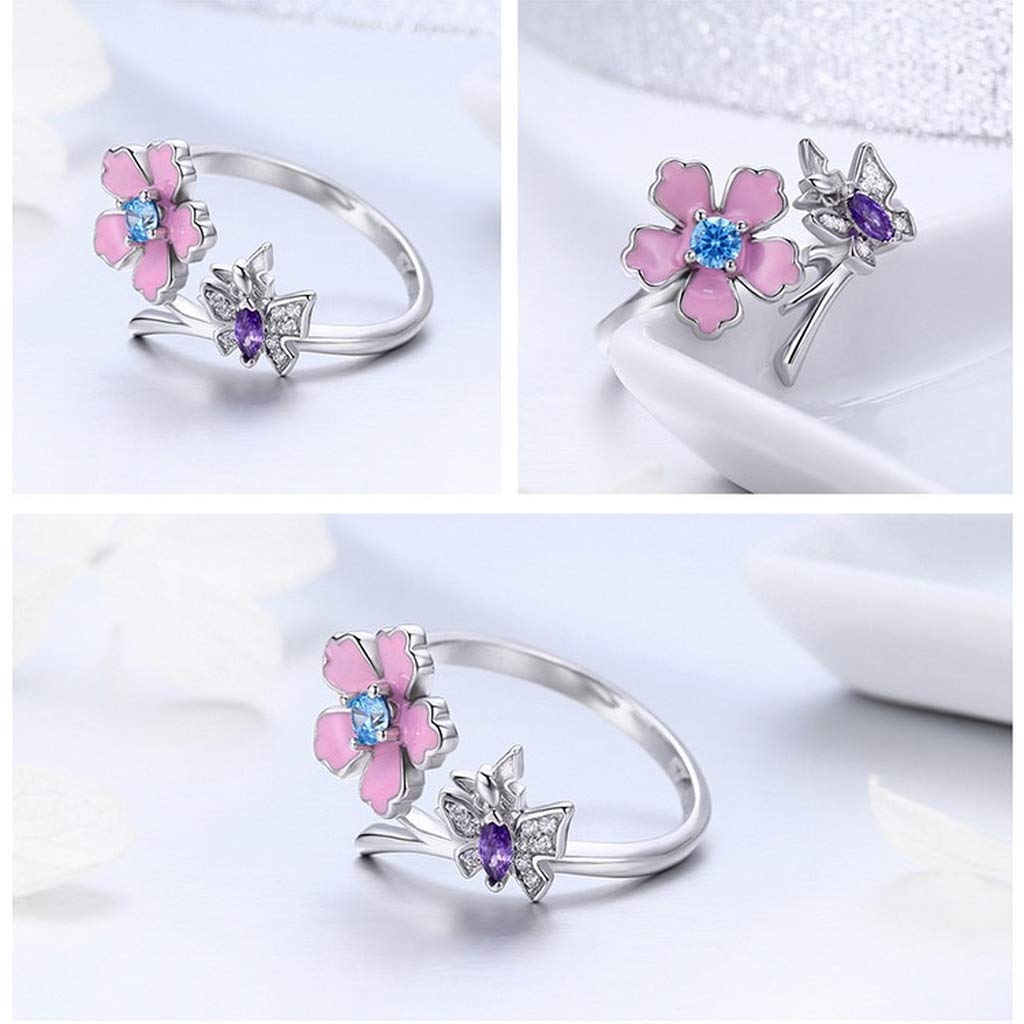 PAHALA 925 Strling Silver Lovely Butterfly Pink Flower Crystals Finger Weeding Party Ring