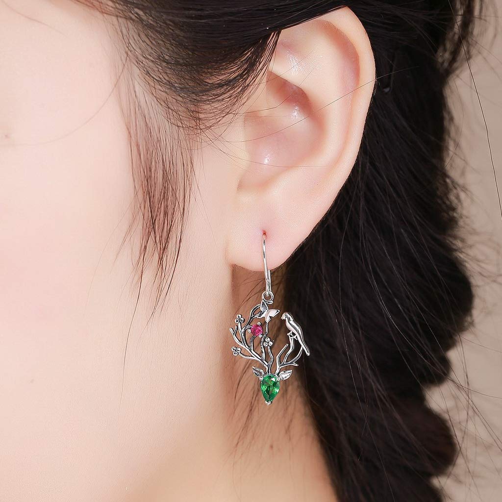 PAHALA 925 Sterling Silver Elk Legend Crystal Tree Leaves Earrings