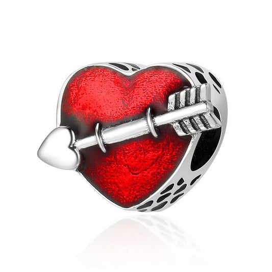 PAHALA 925 Sterling Silver Love Engrave Arrow Heart Red Enamel Charm Bead