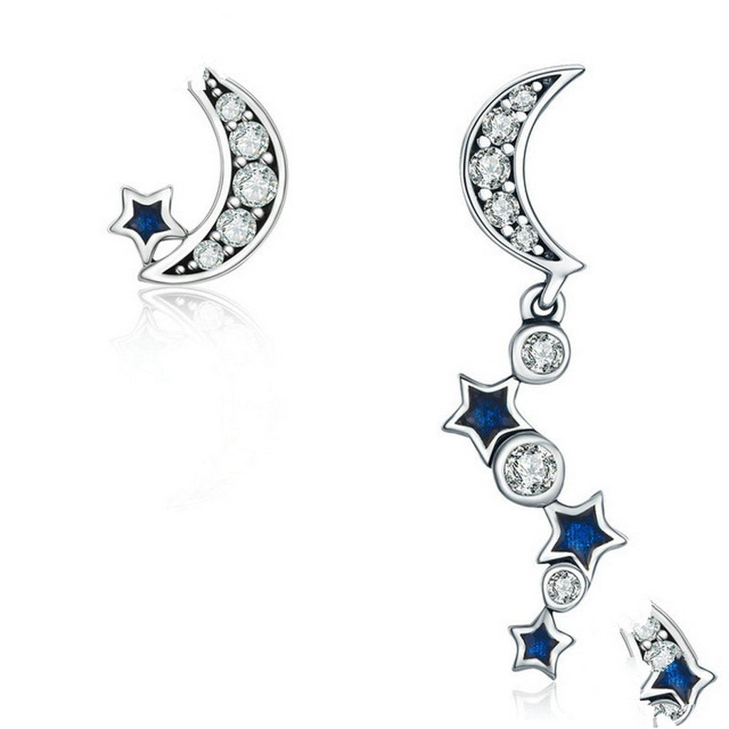PAHALA 925 Sterling Silver Crystals Moon Star Blue Party Wedding Pendant Earring