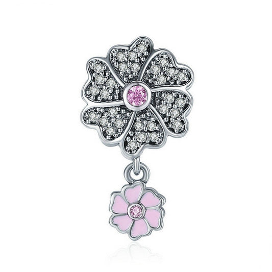 PAHALA 925 Sterling Silver Pink Enamel Blooming Flower Crystals Pendant Charm Bead