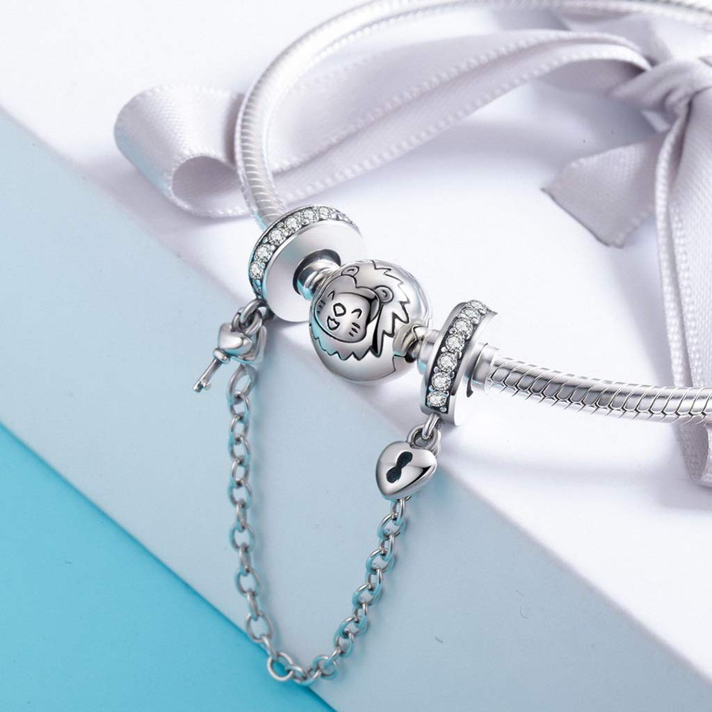 PAHALA 925 Sterling Silver Stackable Heart Love Heart with Crystals Safety Chain Charm Bead