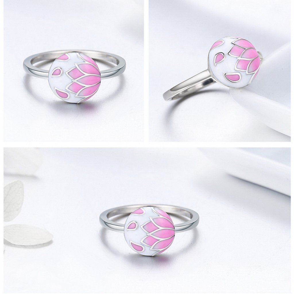 PAHALA 925 Sterling Silver Pink Enamel Flowers Wedding Engagement Band Ring