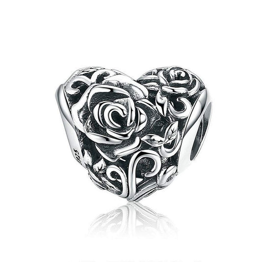 PAHALA 925 Strling Silver Rose Flower Engrave Heart Charms Charm