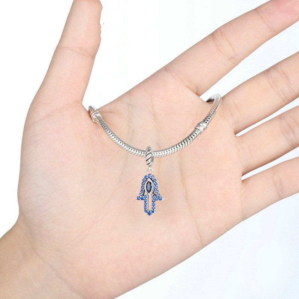 PAHALA 925 Strling Silver Hand Eye Shaped Blue Crystals Charms Pendant Fit Bracelets Necklace