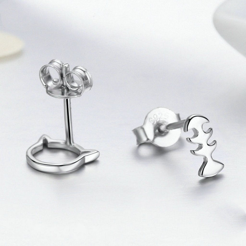 PAHALA 925 Sterling Silver Cute Cat With Fish Party Wedding Stud Earring
