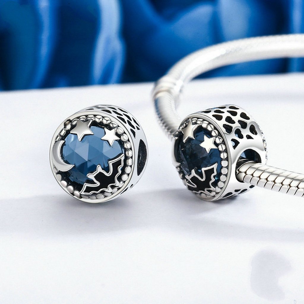 PAHALA 925 Sterling Silver Midnight Bat Star with Blue Crystal Charm Bead Fit Bracelet