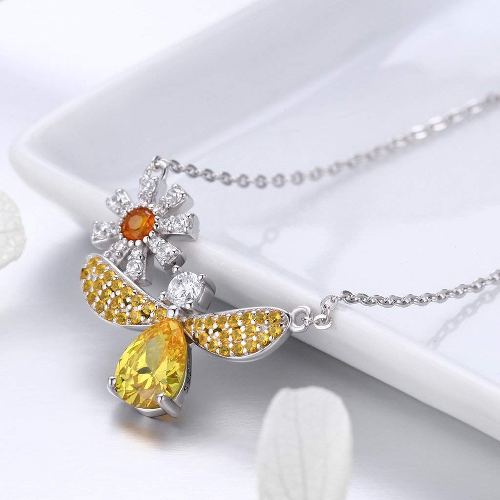 PAHALA 925 Sterling Silver Daisy Bee with Crystals Clear CZ Pendant Necklace