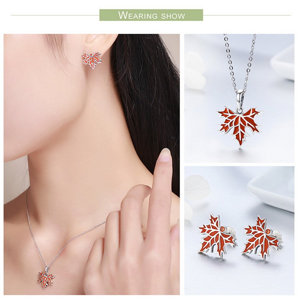 PAHALA 925 Sterling Silver Red Enamel Autumn Maple Tree Pendant Necklace Earrings Jewelry Set