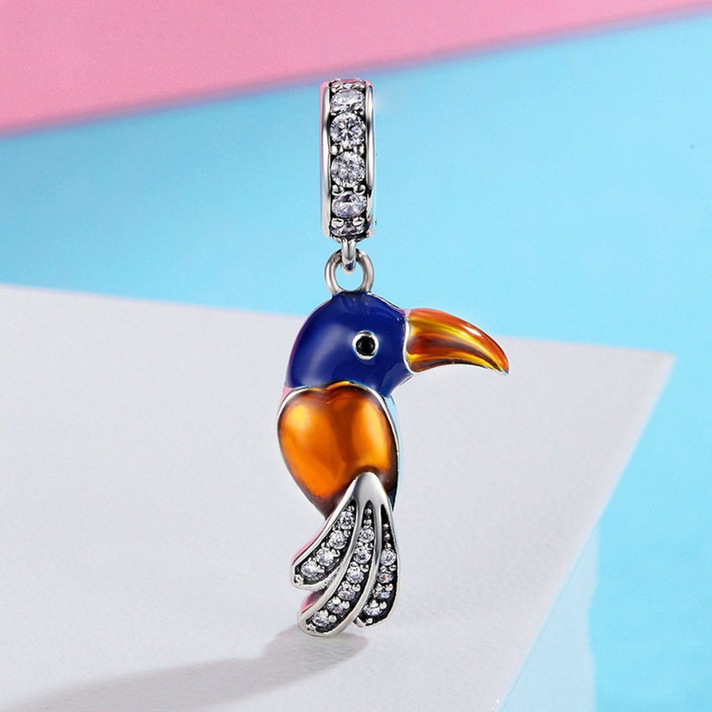 PAHALA 925 Sterling Silver Lovely Parrot with Crystals Enamel Pendant Charm Bead