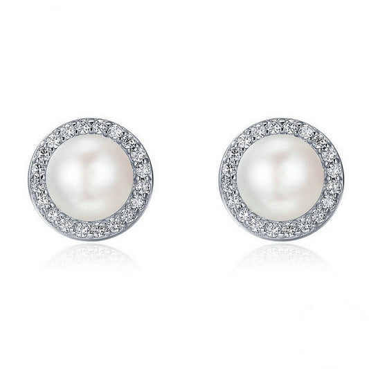 PAHALA 925 Sterling Silver Classic Round With Crystals Pearl Party Wedding Stud Earrings