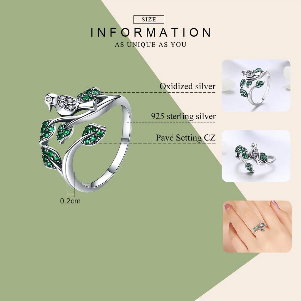 PAHALA 925 Strling Silver Tree Leaves with Bird Crystals Finger Weeding Party Ring